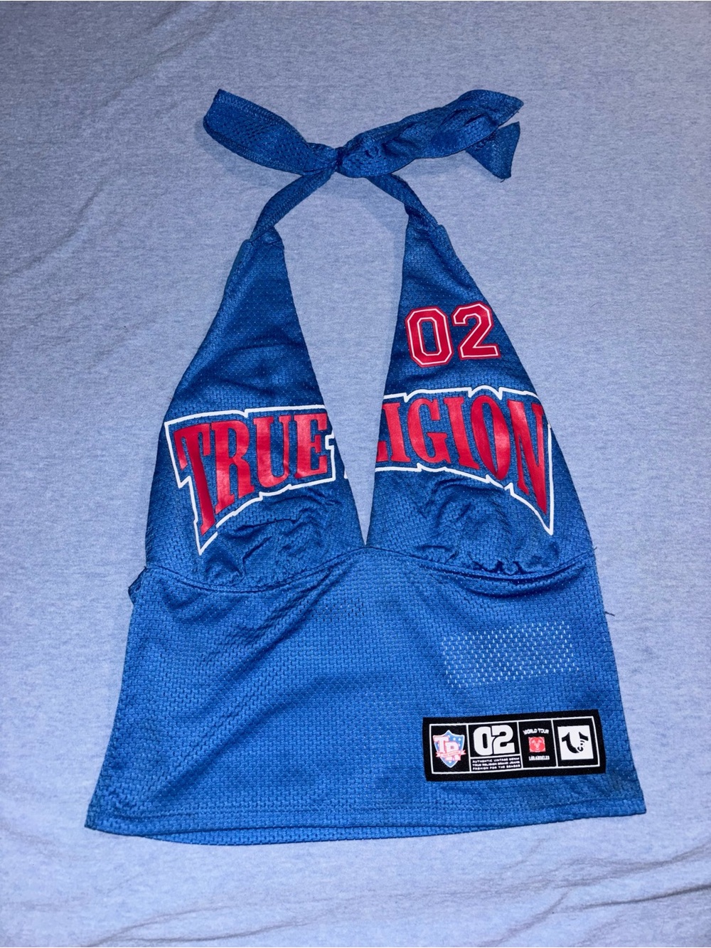 True Religion Blue Halter Crop Top with Red Logo Accents